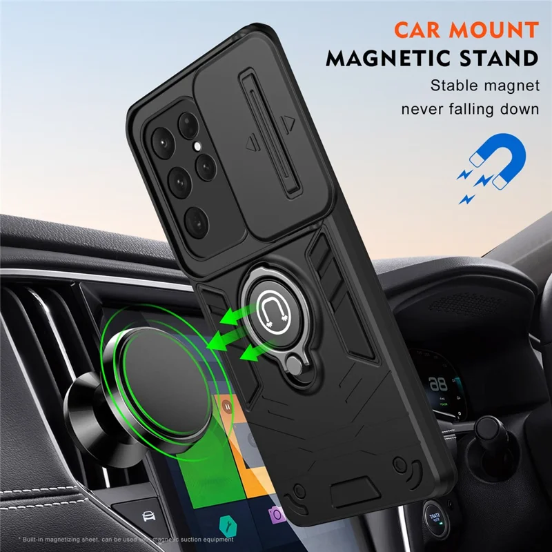 For Samsung Galaxy S24 Ultra Phone Case Slide Lens Lid Anti-Fall Phone Cover with Ring Kickstand - Black