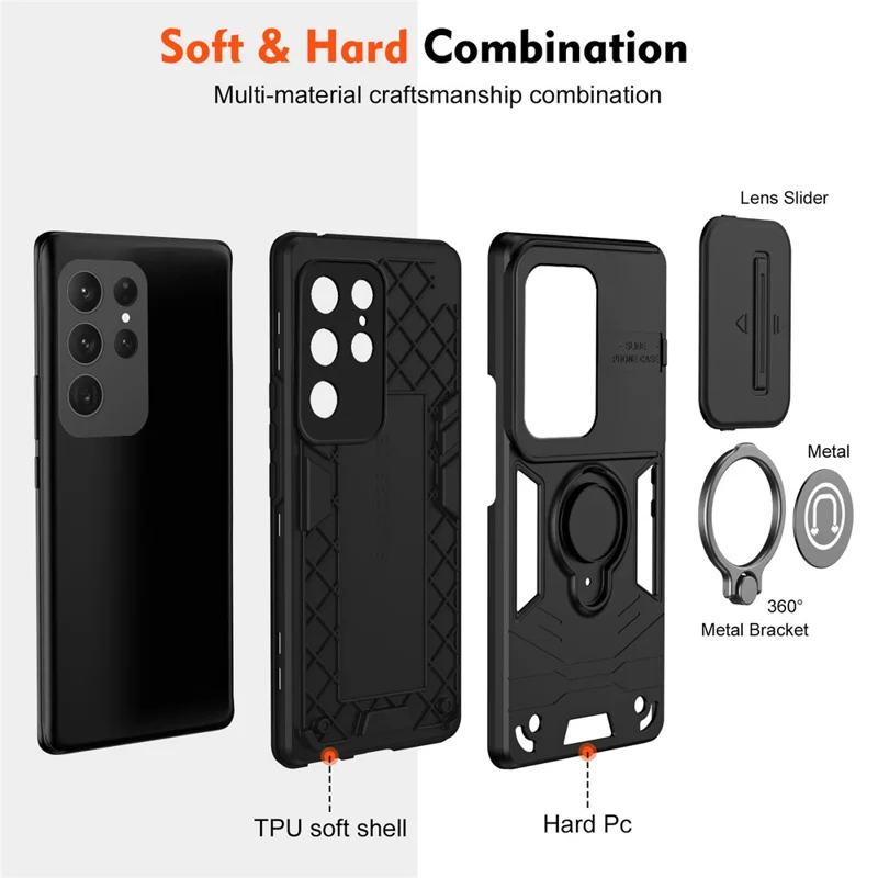 For Samsung Galaxy S24 Ultra Phone Case Slide Lens Lid Anti-Fall Phone Cover with Ring Kickstand - Black