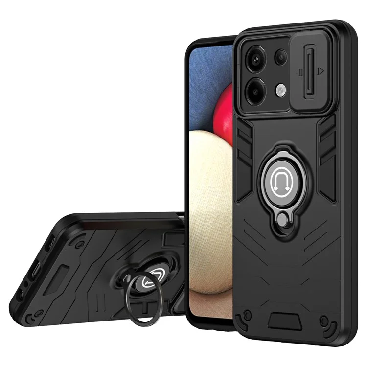 Para Xiaomi Redmi Note 13 Pro 5G / Poco X6 5G Funda Tapa Deslizante Cámara PC+TPU Anillo Soporte Teléfono Cubierta - Negro