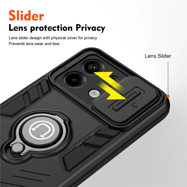Para Xiaomi Redmi Note 13 Pro 5G / Poco X6 5G Funda Tapa Deslizante Cámara PC+TPU Anillo Soporte Teléfono Cubierta - Negro