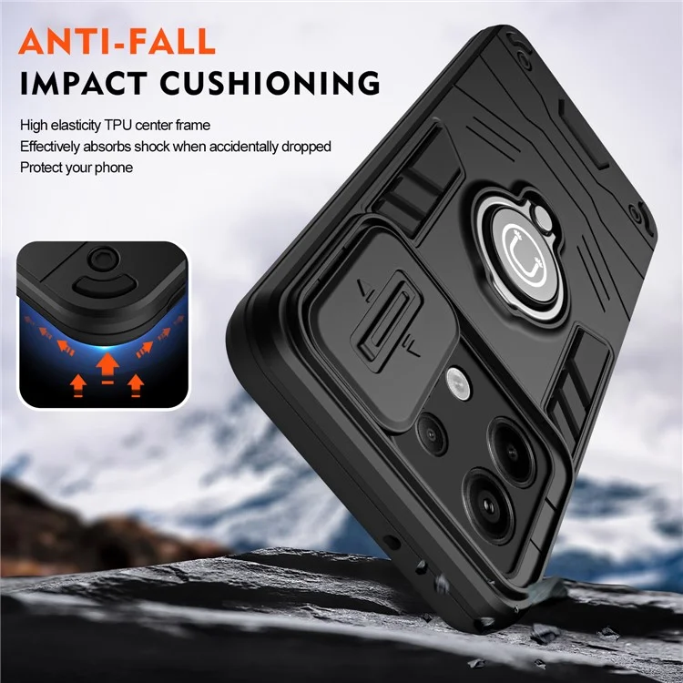 Para Xiaomi Redmi Note 13 Pro 5G / Poco X6 5G Funda Tapa Deslizante Cámara PC+TPU Anillo Soporte Teléfono Cubierta - Negro