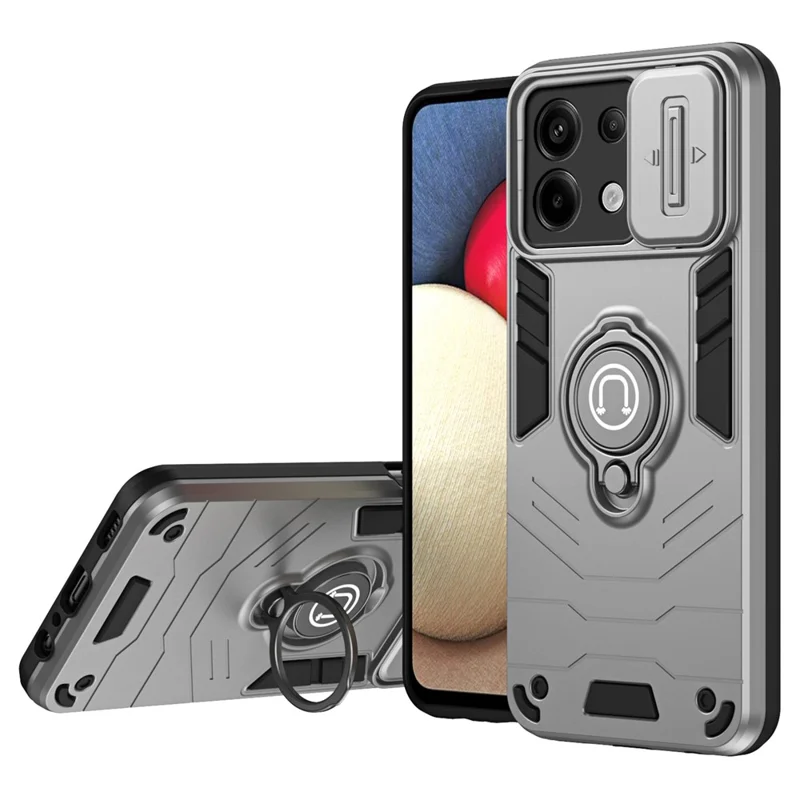 For Xiaomi Redmi Note 13 Pro 5G / Poco X6 5G Case Slide Camera Lid PC+TPU Ring Kickstand Phone Cover - Grey