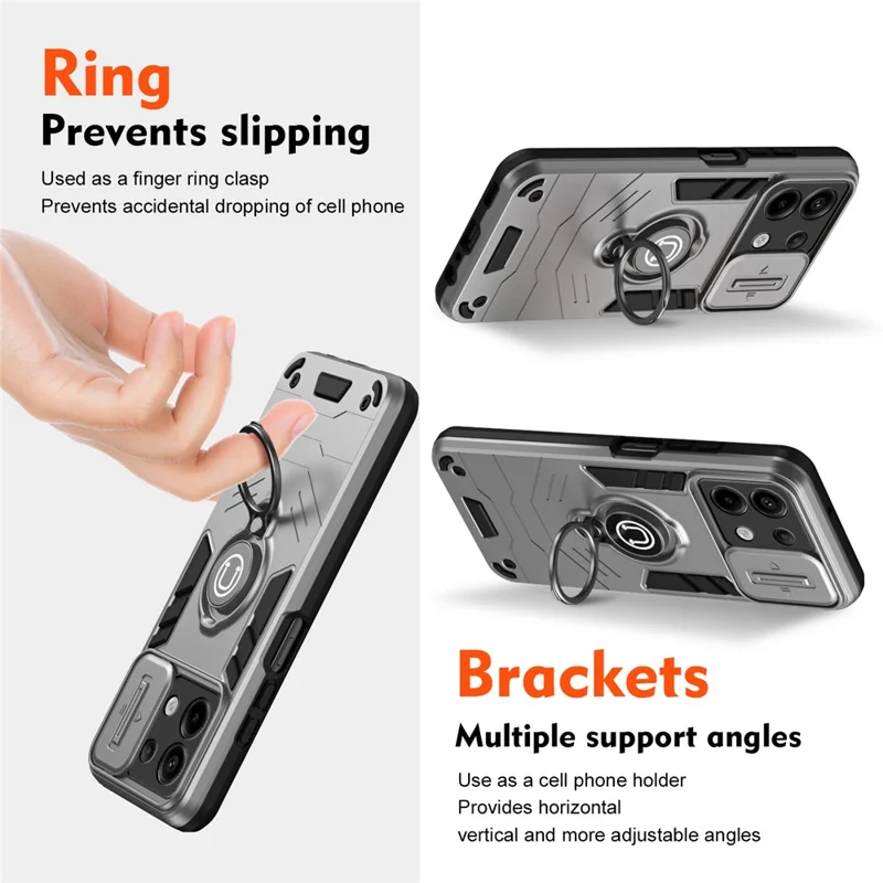 For Xiaomi Redmi Note 13 Pro 5G / Poco X6 5G Case Slide Camera Lid PC+TPU Ring Kickstand Phone Cover - Grey