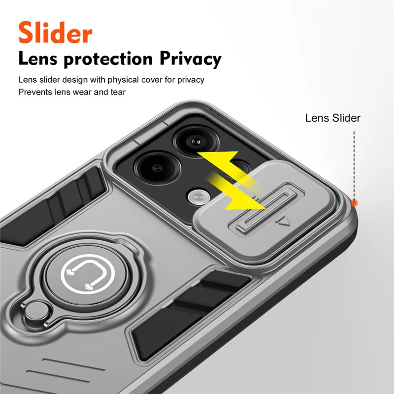 For Xiaomi Redmi Note 13 Pro 5G / Poco X6 5G Case Slide Camera Lid PC+TPU Ring Kickstand Phone Cover - Grey