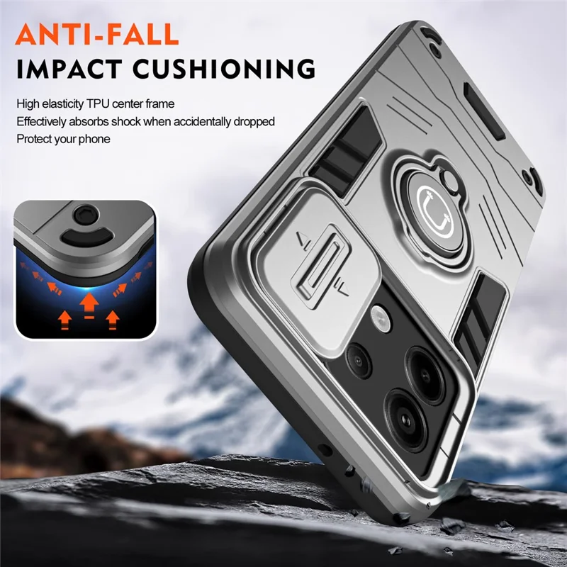 For Xiaomi Redmi Note 13 Pro 5G / Poco X6 5G Case Slide Camera Lid PC+TPU Ring Kickstand Phone Cover - Grey