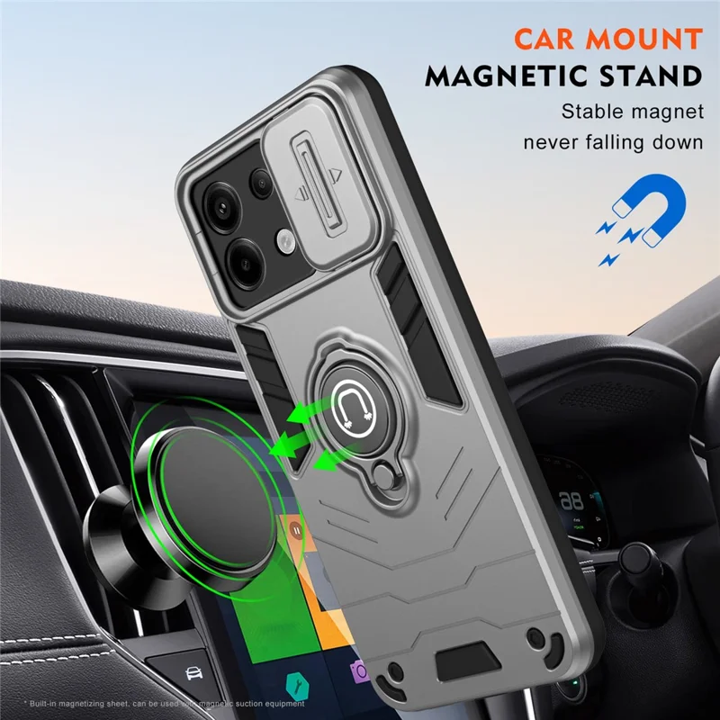 For Xiaomi Redmi Note 13 Pro 5G / Poco X6 5G Case Slide Camera Lid PC+TPU Ring Kickstand Phone Cover - Grey