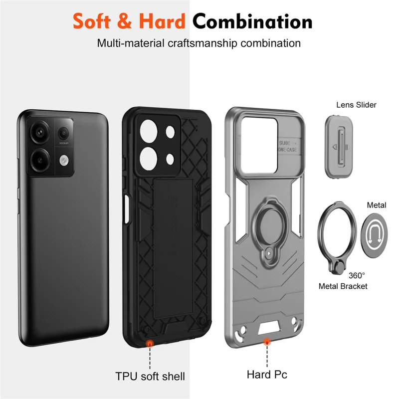 For Xiaomi Redmi Note 13 Pro 5G / Poco X6 5G Case Slide Camera Lid PC+TPU Ring Kickstand Phone Cover - Grey