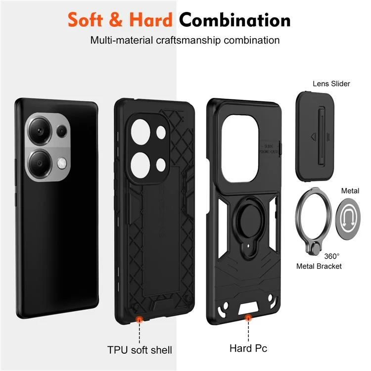 Para Xiaomi Redmi Note 13 Pro 4G / Poco M6 Pro 4G Funda Deslizante con Protección de Lente Funda de Teléfono con Soporte - Negro
