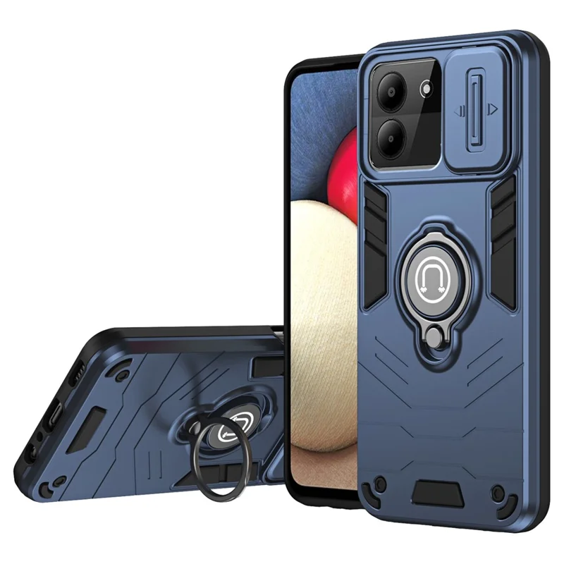 For ZTE Blade A54 Case Slide Camera Lid PC+TPU Anti-shock Ring Kickstand Phone Cover - Blue