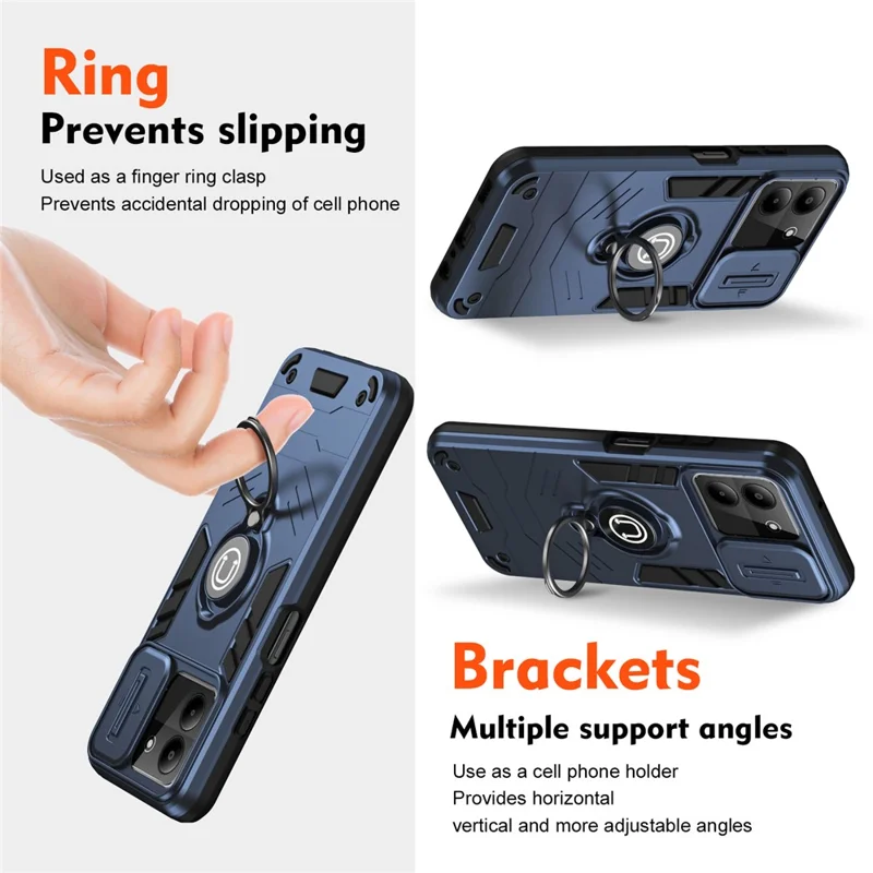 For ZTE Blade A54 Case Slide Camera Lid PC+TPU Anti-shock Ring Kickstand Phone Cover - Blue