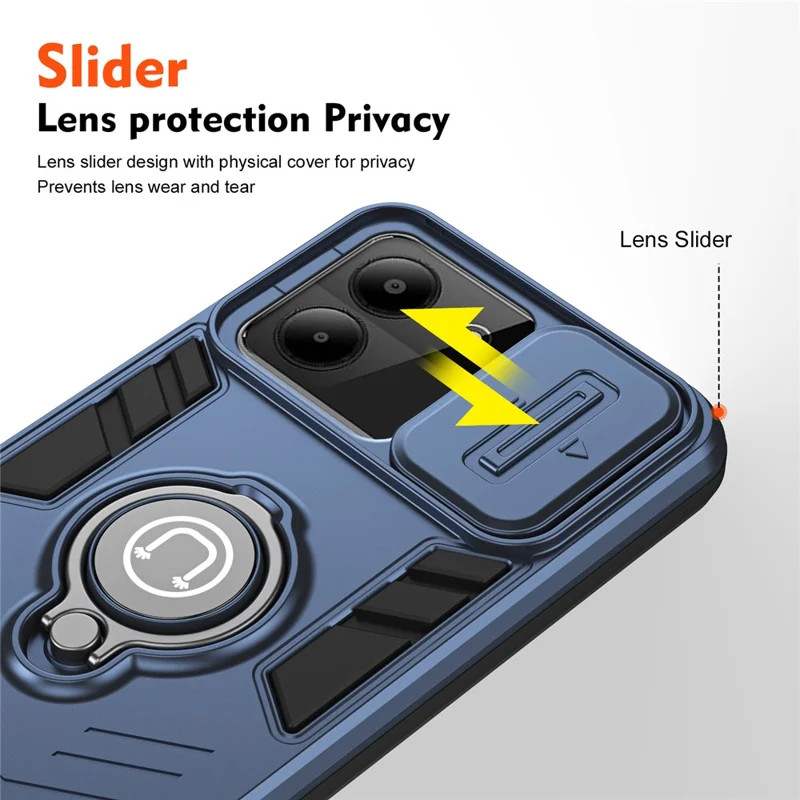 For ZTE Blade A54 Case Slide Camera Lid PC+TPU Anti-shock Ring Kickstand Phone Cover - Blue