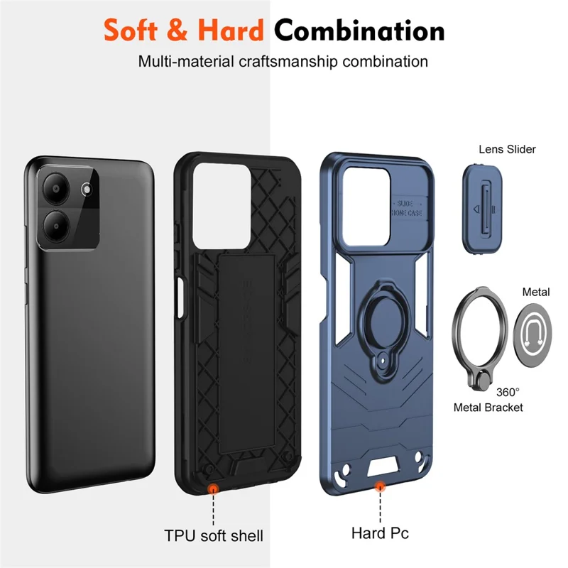 For ZTE Blade A54 Case Slide Camera Lid PC+TPU Anti-shock Ring Kickstand Phone Cover - Blue