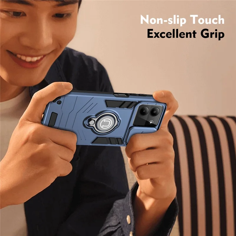 For ZTE Blade A54 Case Slide Camera Lid PC+TPU Anti-shock Ring Kickstand Phone Cover - Blue