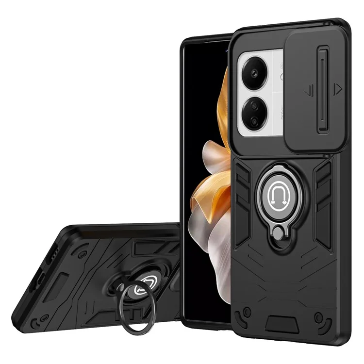 Para Xiaomi Poco M6 5G / Poco C65 4G / Redmi 13C 4G / 13C 5G / 13R 5G Capa com Proteção de Lente Deslizante Anti-Queda com Suporte em Anel - Preto