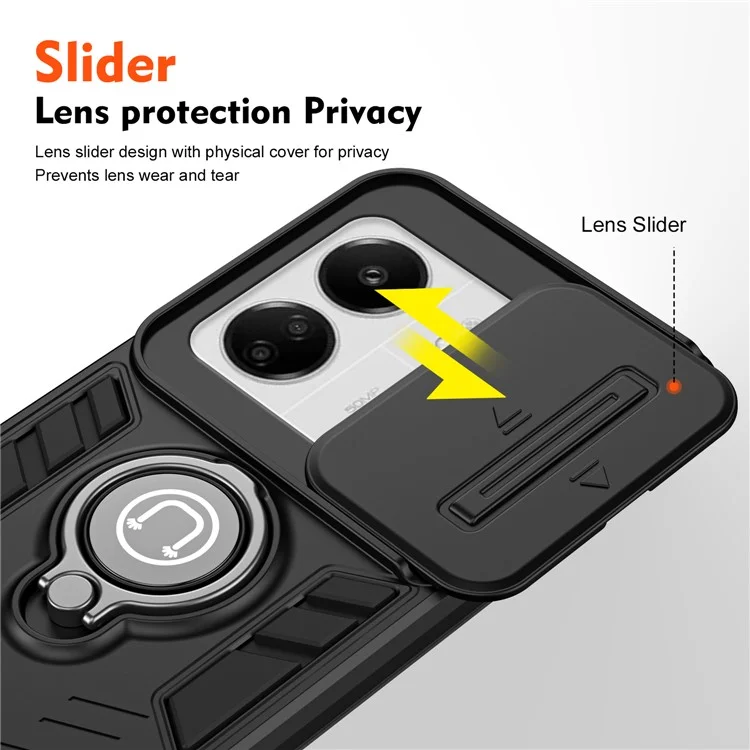 Para Xiaomi Poco M6 5G / Poco C65 4G / Redmi 13C 4G / 13C 5G / 13R 5G Capa com Proteção de Lente Deslizante Anti-Queda com Suporte em Anel - Preto
