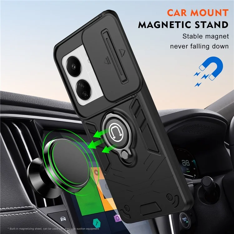 Para Xiaomi Poco M6 5G / Poco C65 4G / Redmi 13C 4G / 13C 5G / 13R 5G Capa com Proteção de Lente Deslizante Anti-Queda com Suporte em Anel - Preto