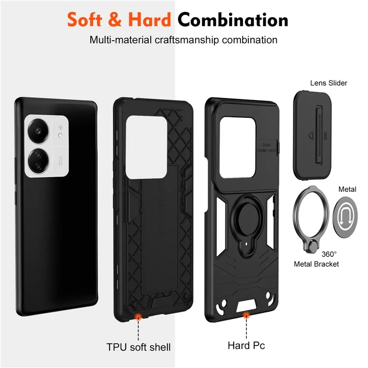 Para Xiaomi Poco M6 5G / Poco C65 4G / Redmi 13C 4G / 13C 5G / 13R 5G Capa com Proteção de Lente Deslizante Anti-Queda com Suporte em Anel - Preto