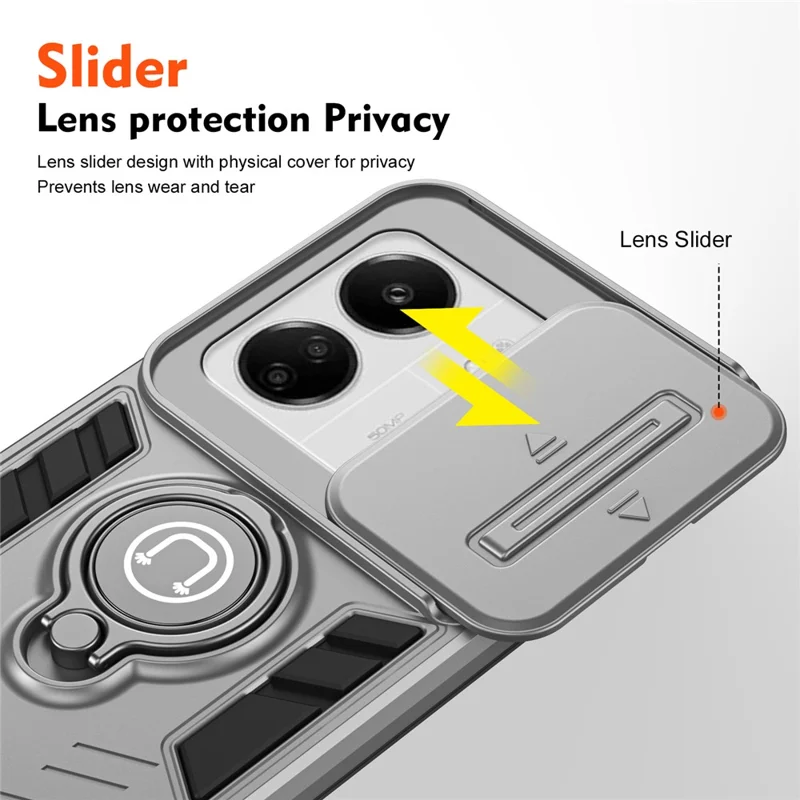 Para Xiaomi Poco M6 5G / Poco C65 4G / Redmi 13C 4G / 13C 5G / 13R 5G Capa com Protetor de Lente Deslizante Antiimpacto com Suporte de Anel - Cinza