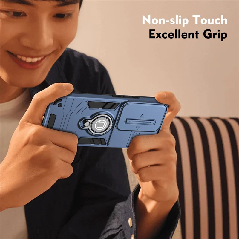 Para el Xiaomi Poco M6 5G / Poco C65 4G / Redmi 13C 4G / 13C 5G / 13R 5G Funda Tapa Deslizante de Lente Anti-Caída con Soporte de Anillo - Azul