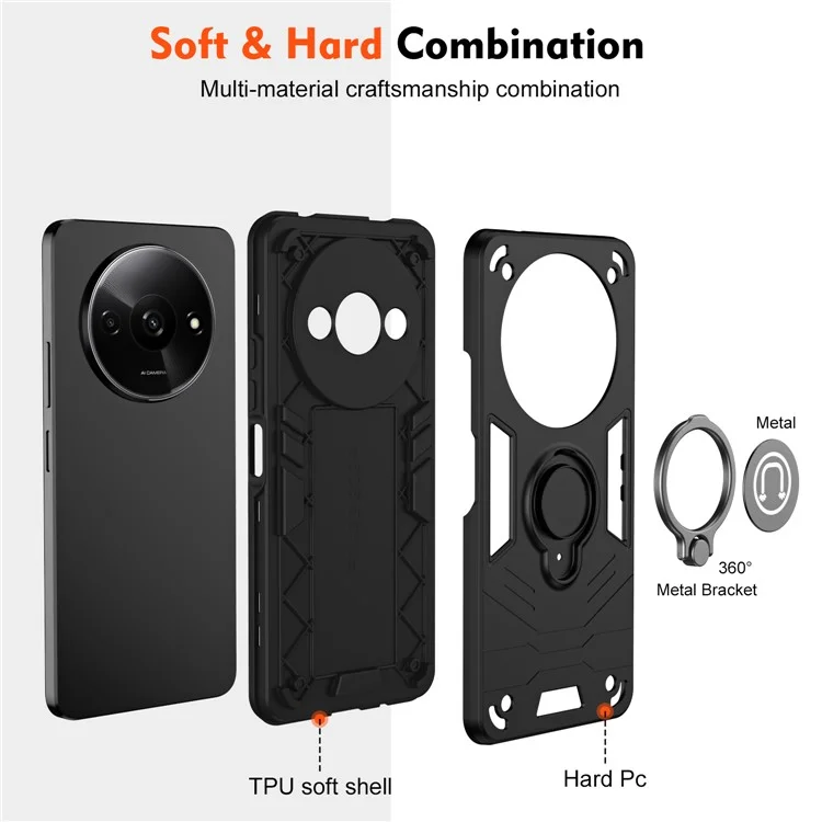 Per Xiaomi Redmi A3 / Poco C61 4G Custodia Anti-caduta PC+TPU Anello Supporto per telefono - Nero