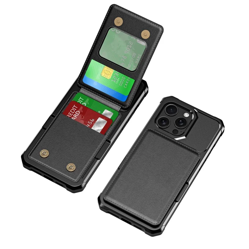 ZM11 For iPhone 14 Pro Max Kickstand Case Card Slots PU Leather+TPU Phone Cover - Black