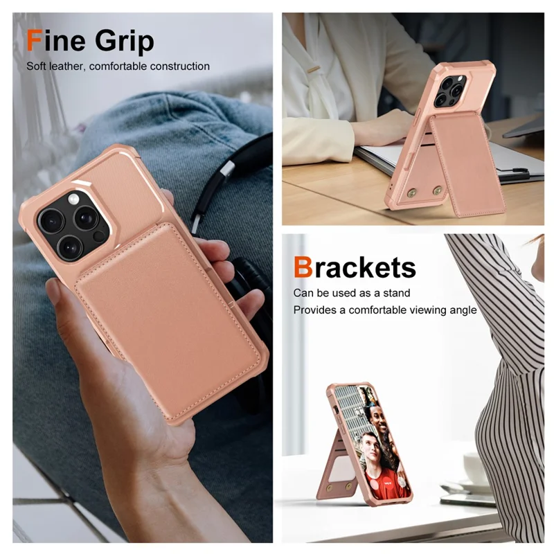 ZM11 For iPhone 14 Pro Max Kickstand Case Card Slots PU Leather+TPU Phone Cover - Rose Gold
