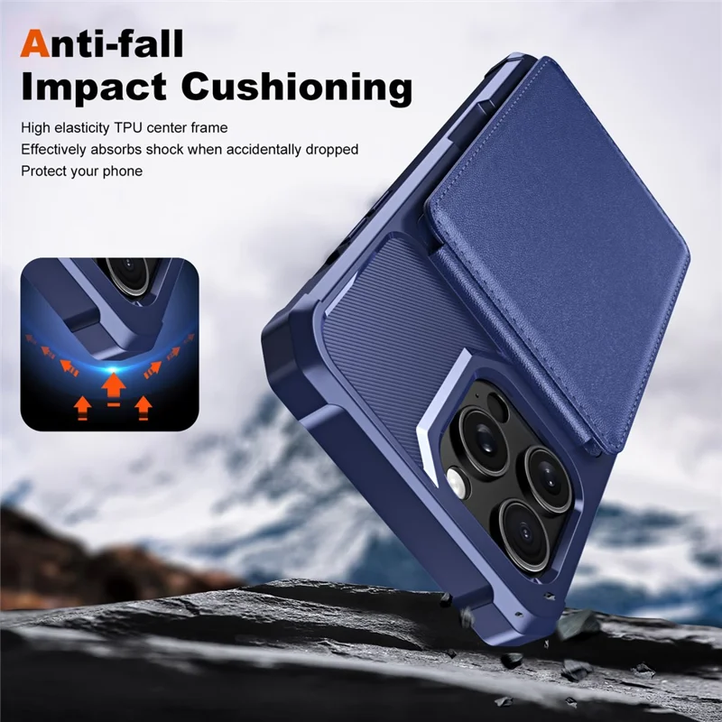 Étui à support ZM11 pour iPhone 14 Pro Max, avec fentes pour cartes, en cuir PU + TPU - Bleu foncé