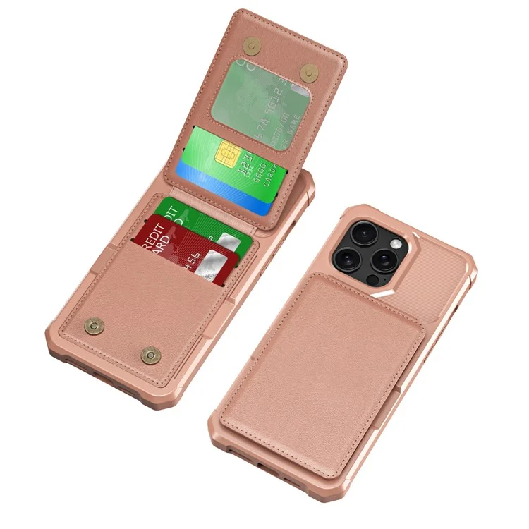 ZM11 Para iPhone 14 Pro Capa com Suporte para Cartões Apoio Vertical Couro PU + Capa de Telefone TPU - Rose Gold