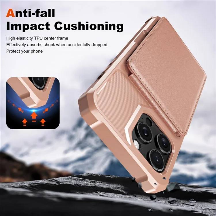 ZM11 Para iPhone 14 Pro Capa com Suporte para Cartões Apoio Vertical Couro PU + Capa de Telefone TPU - Rose Gold