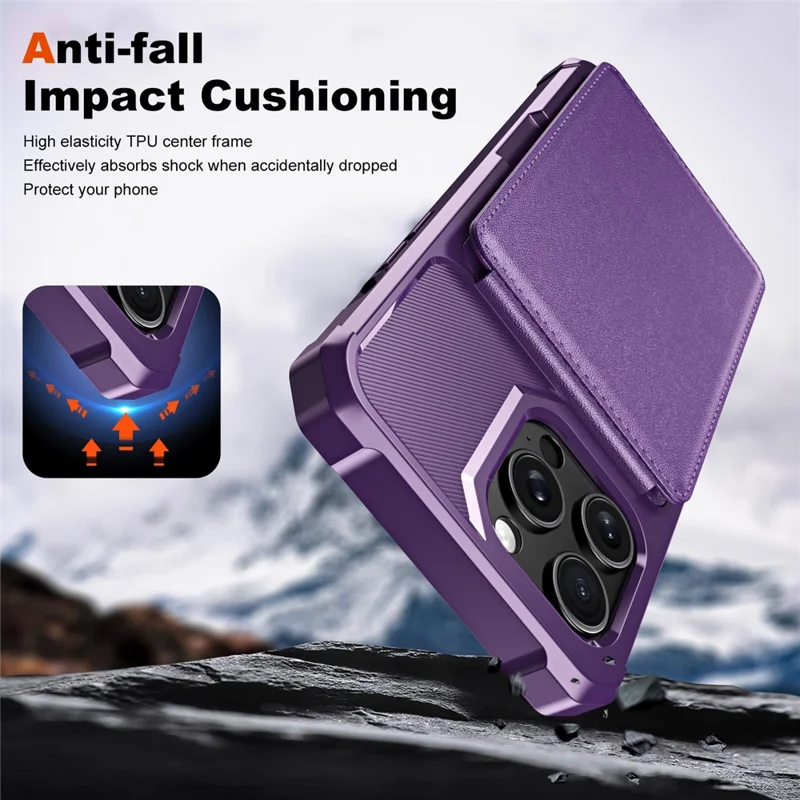 ZM11 For iPhone 14 Pro Case Card Holder Kickstand PU Leather + TPU Phone Cover - Purple