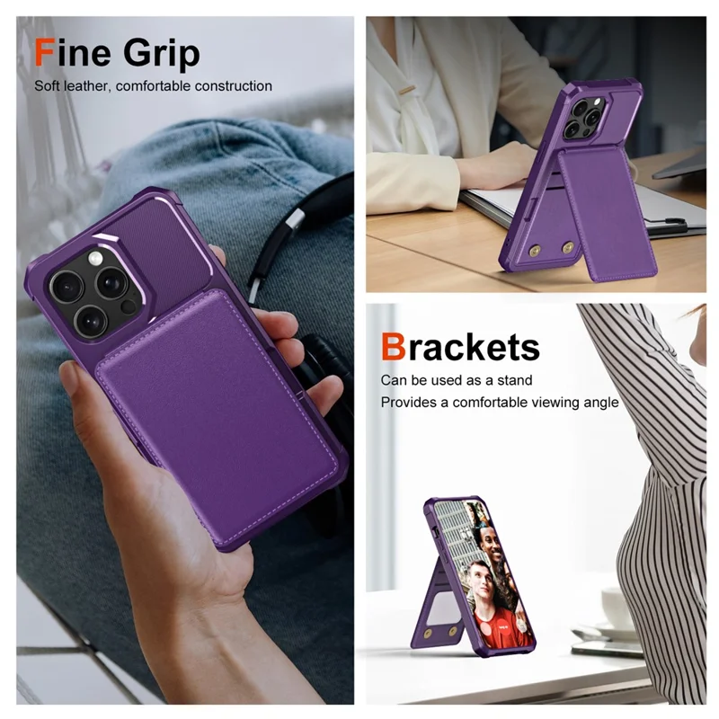 ZM11 For iPhone 13 Pro Case Card Slots PU+TPU Phone Cover with Kickstand - Purple