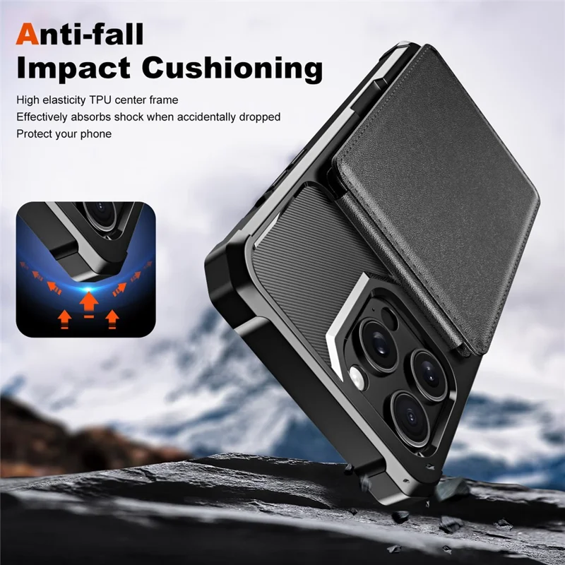 ZM11 Für iPhone 12 Pro Max Kickstand Hülle Leder+TPU Kartenfächer Telefonabdeckung - Schwarz
