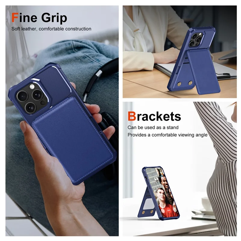 ZM11 For iPhone 12 Pro Max Kickstand Case Leather+TPU Card Slots Phone Cover -  Dark Blue