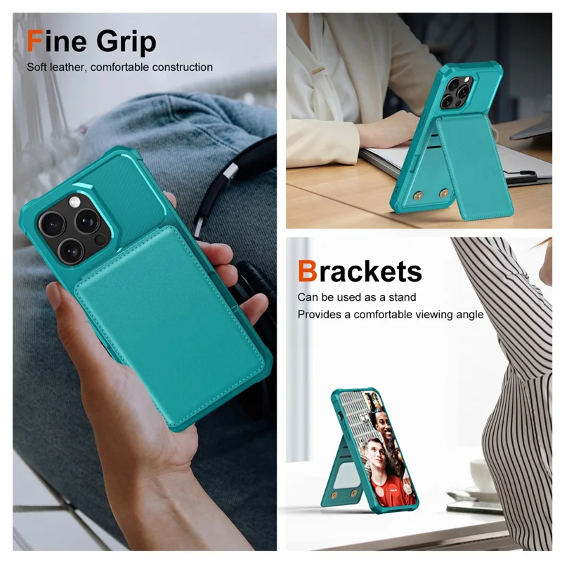 ZM11 For iPhone 15 Pro Case Kickstand Card Slots PU Leather+TPU Phone Cover - Green