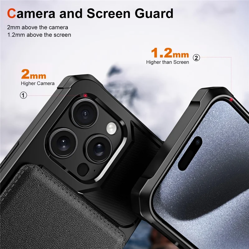 ZM11 For iPhone 15 Pro Max Case Card Holder Kickstand PU Leather+TPU Phone Cover - Black