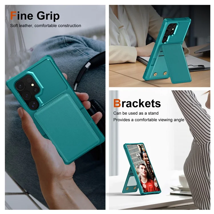 ZM11 For Samsung Galaxy S22 Ultra 5G Case with Card Holder Leather Kickstand Back Cover - Green