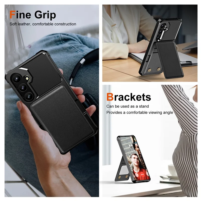 ZM11 For Samsung Galaxy S24+ Cover Kickstand PU Leather+TPU Phone Card Case - Black