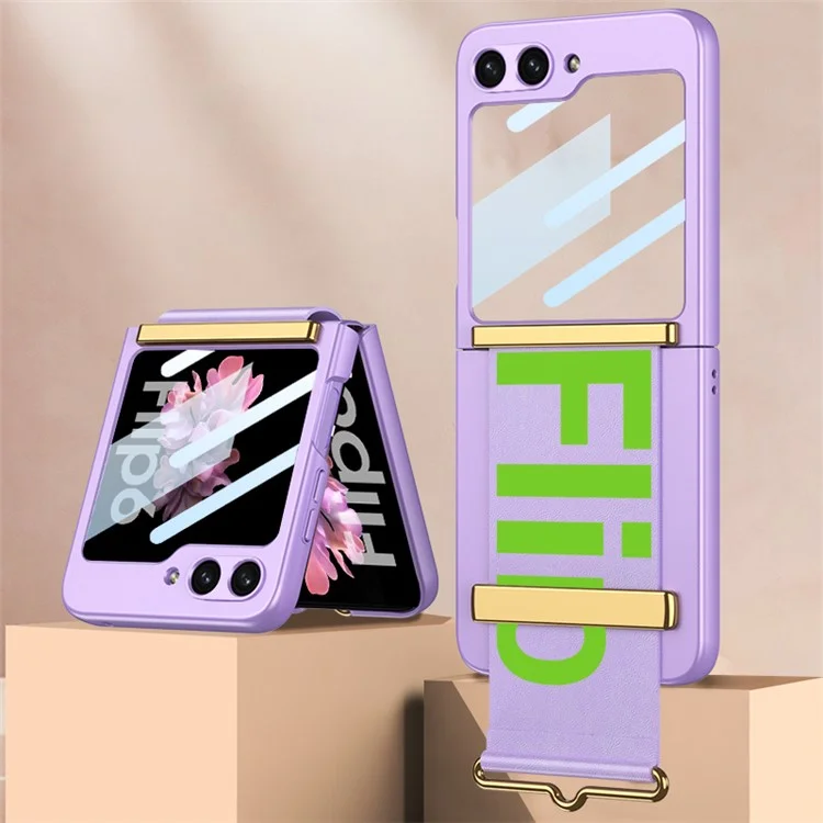 Funda GKK para Samsung Galaxy Z Flip6 5G con diseño de muñequera, de piel sintética + PC, con película protectora de pantalla trasera - Morado