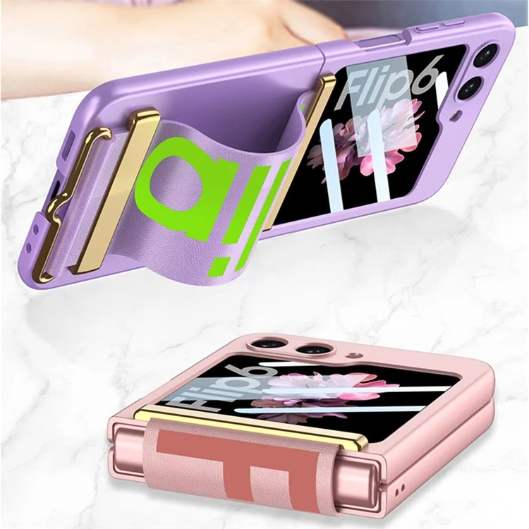 Funda GKK para Samsung Galaxy Z Flip6 5G con diseño de muñequera, de piel sintética + PC, con película protectora de pantalla trasera - Morado