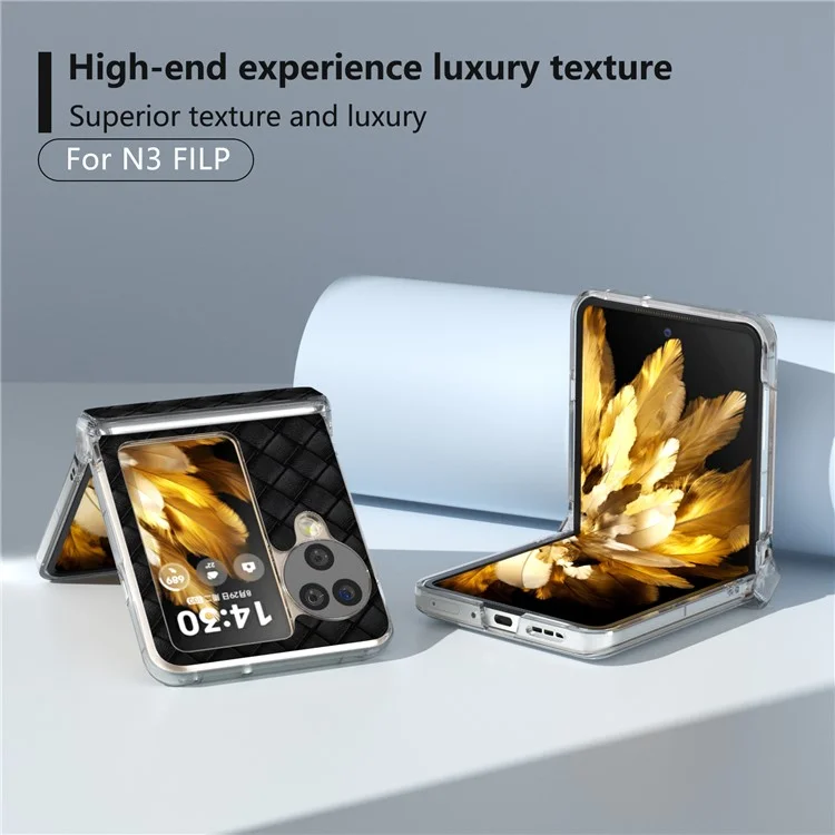 Para Oppo Find N3 Flip 5G Funda Textura Trenzada Cuero+PC Borde Transparente Funda Teléfono - Negro