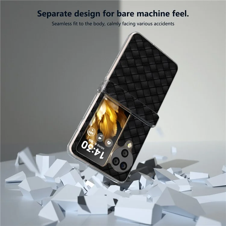 Para Oppo Find N3 Flip 5G Funda Textura Trenzada Cuero+PC Borde Transparente Funda Teléfono - Negro