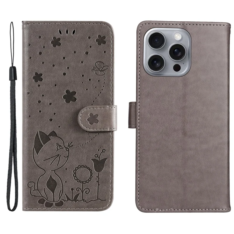 For iPhone 16 Pro Max Leather Case Cat Bee Pattern Phone Cover Wallet Stand with Strap - Grey