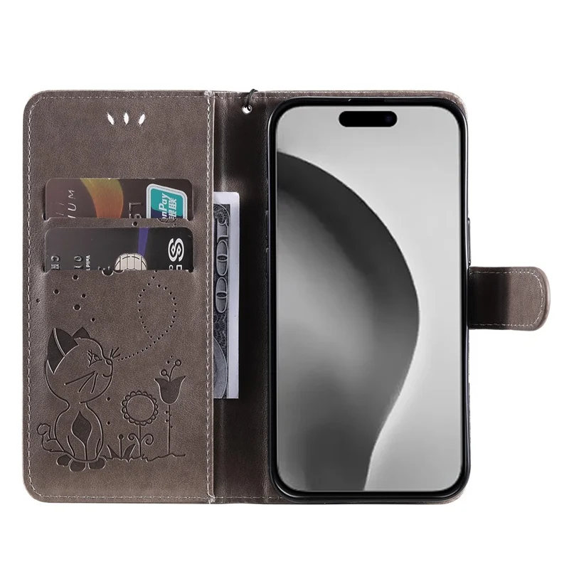 For iPhone 16 Pro Max Leather Case Cat Bee Pattern Phone Cover Wallet Stand with Strap - Grey