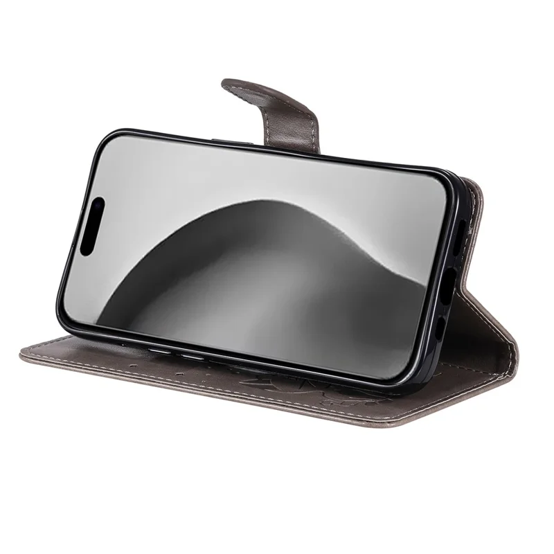 For iPhone 16 Pro Max Leather Case Cat Bee Pattern Phone Cover Wallet Stand with Strap - Grey