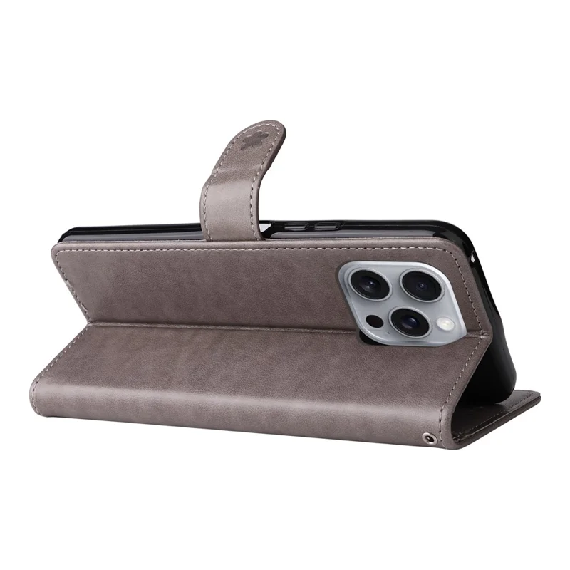 For iPhone 16 Pro Max Leather Case Cat Bee Pattern Phone Cover Wallet Stand with Strap - Grey