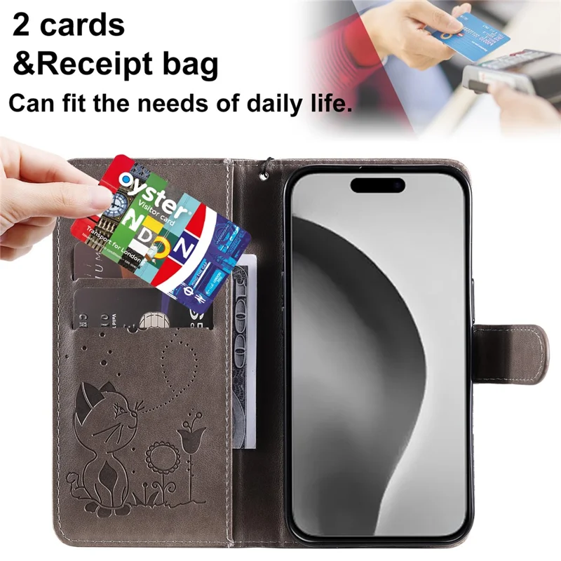 For iPhone 16 Pro Max Leather Case Cat Bee Pattern Phone Cover Wallet Stand with Strap - Grey