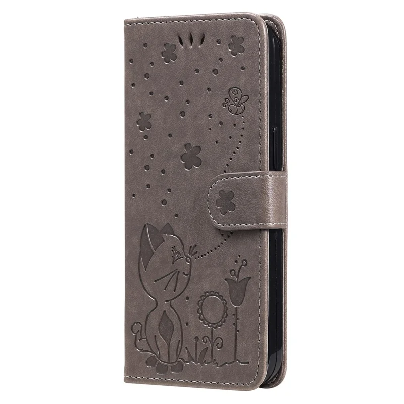 For iPhone 16 Pro Max Leather Case Cat Bee Pattern Phone Cover Wallet Stand with Strap - Grey