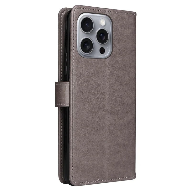 For iPhone 16 Pro Max Leather Case Cat Bee Pattern Phone Cover Wallet Stand with Strap - Grey