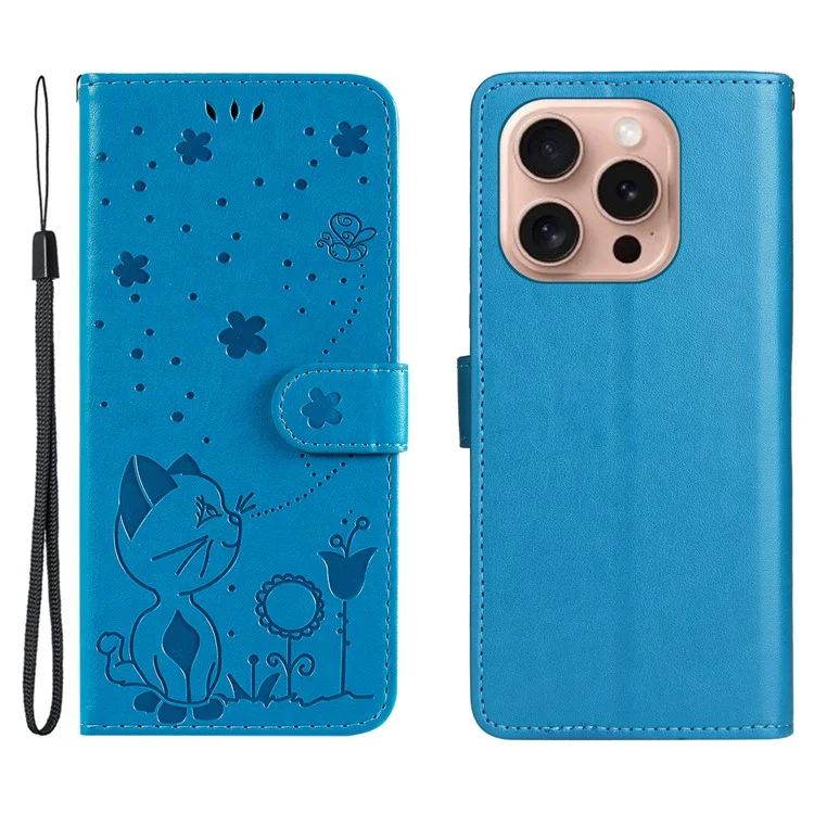 For iPhone 16 Pro Leather Case Cat Bee Pattern Phone Cover Wallet Stand with Strap - Blue