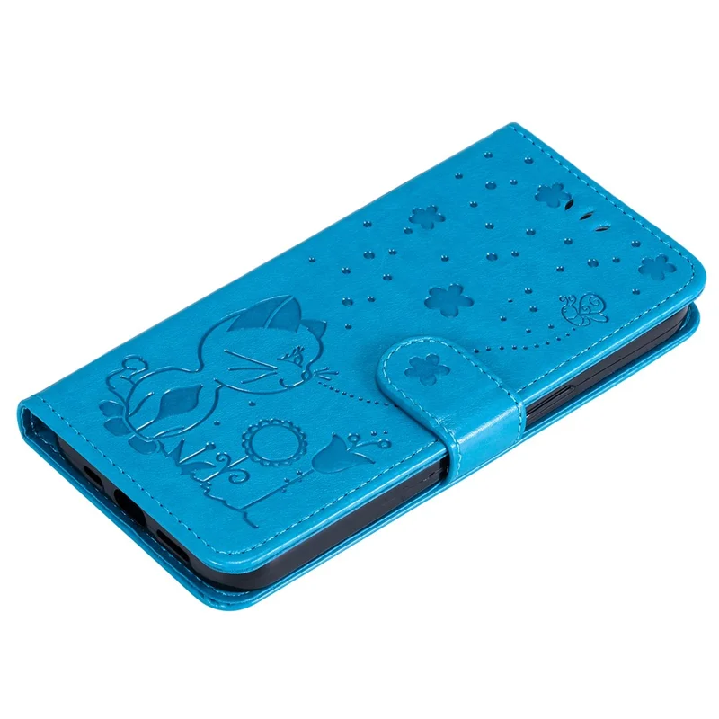For iPhone 16 Pro Leather Case Cat Bee Pattern Phone Cover Wallet Stand with Strap - Blue